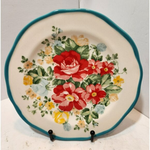 Pioneer Woman Vintage Floral Turquoise Edge Salad Plates 8.5 inch Set of 3 EUC - Picture 3 of 10